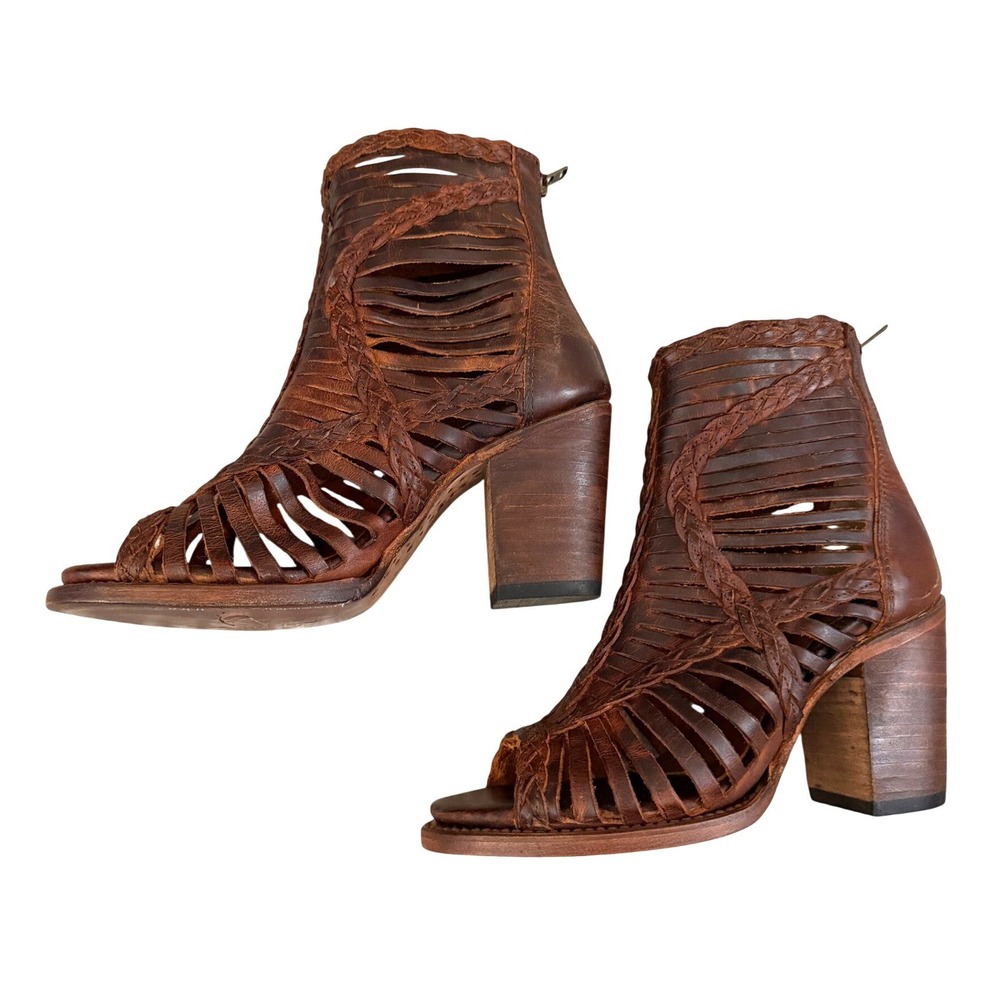 Freebird by Steven Bela Brown Leather Woven Huarache Peep Toe Booties Size 8 - Picture 2 of 10